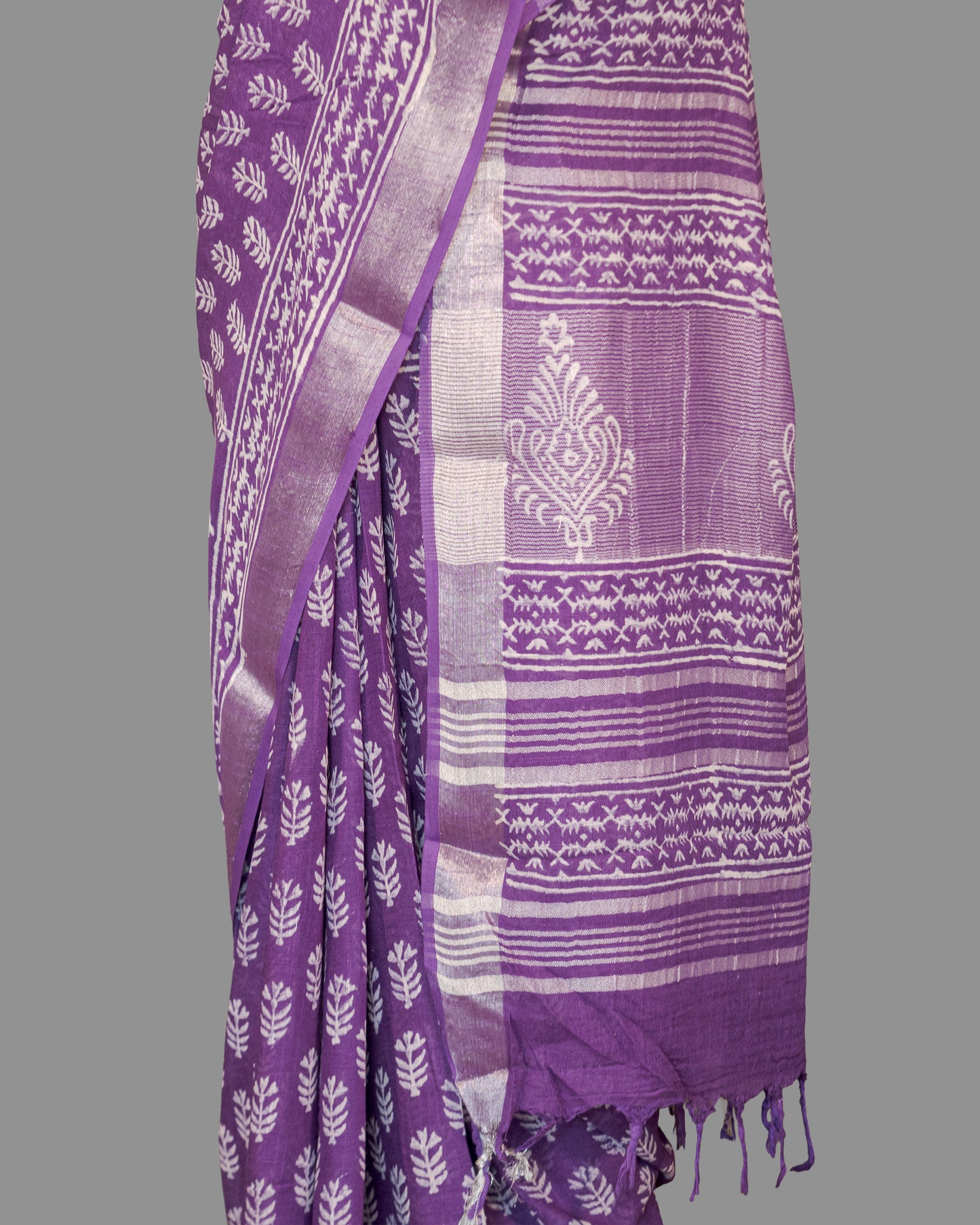 Linen Cotton Saree-Amethyist  Purple-White Block Printed