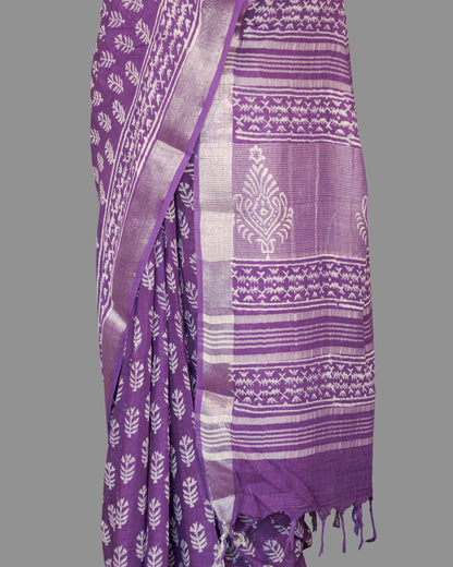 Linen Cotton Saree-Amethyist  Purple-White Block Printed
