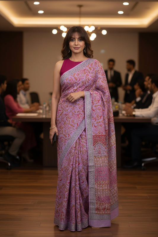 Mul Cotton Saree | Mauve Purple | Hand Block Printed Floral