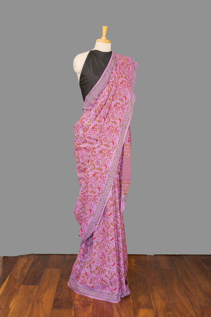 Mul Cotton Saree | Mauve Purple | Hand Block Printed Floral