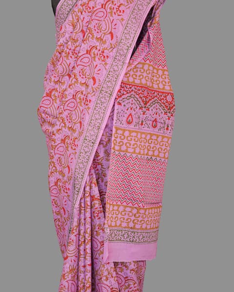 Mul Cotton Saree | Mauve Purple | Hand Block Printed Floral