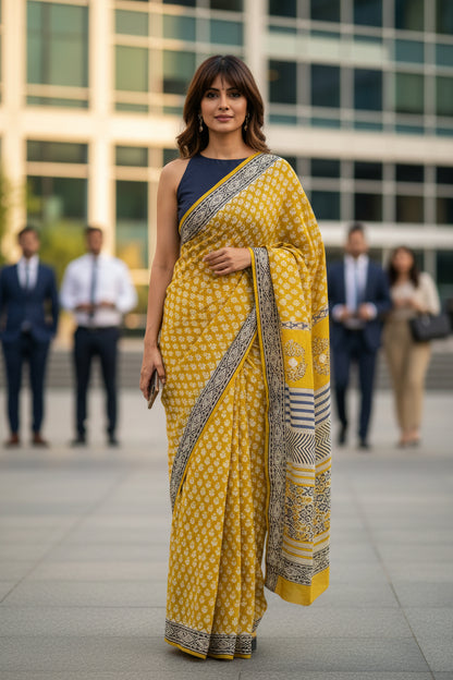 Mul Cotton Saree-Warm Olive Green-Block Printed