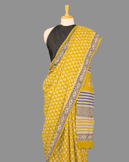 Mul Cotton Saree-Warm Olive Green-Block Printed