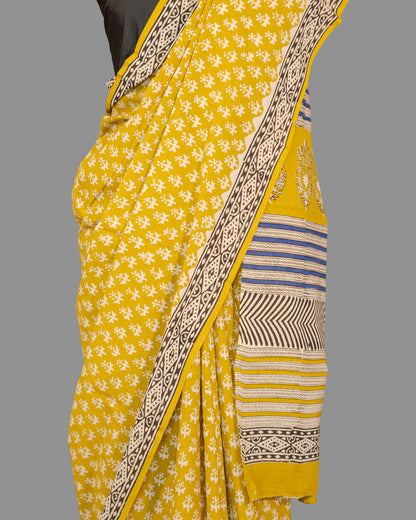 Mul Cotton Saree-Warm Olive Green-Block Printed