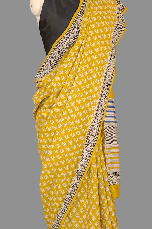 Mul Cotton Saree-Warm Olive Green-Block Printed