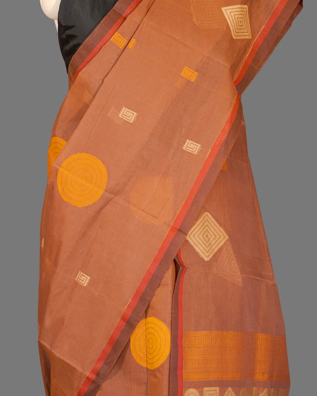 Fine Cotton Handloom Saree-Bronze Brown - Geometrical Booties