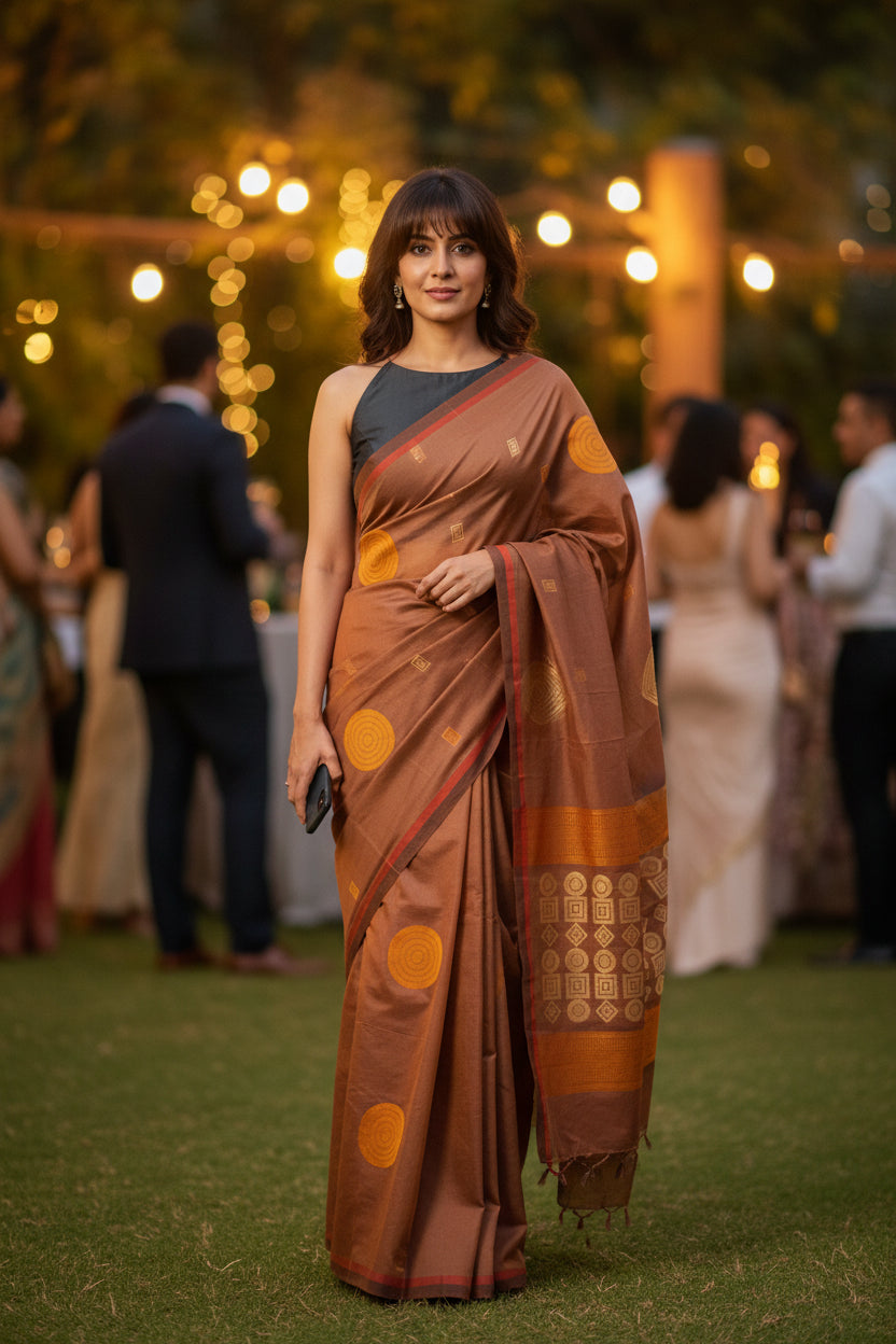 Fine Cotton Handloom Saree-Bronze Brown - Geometrical Booties