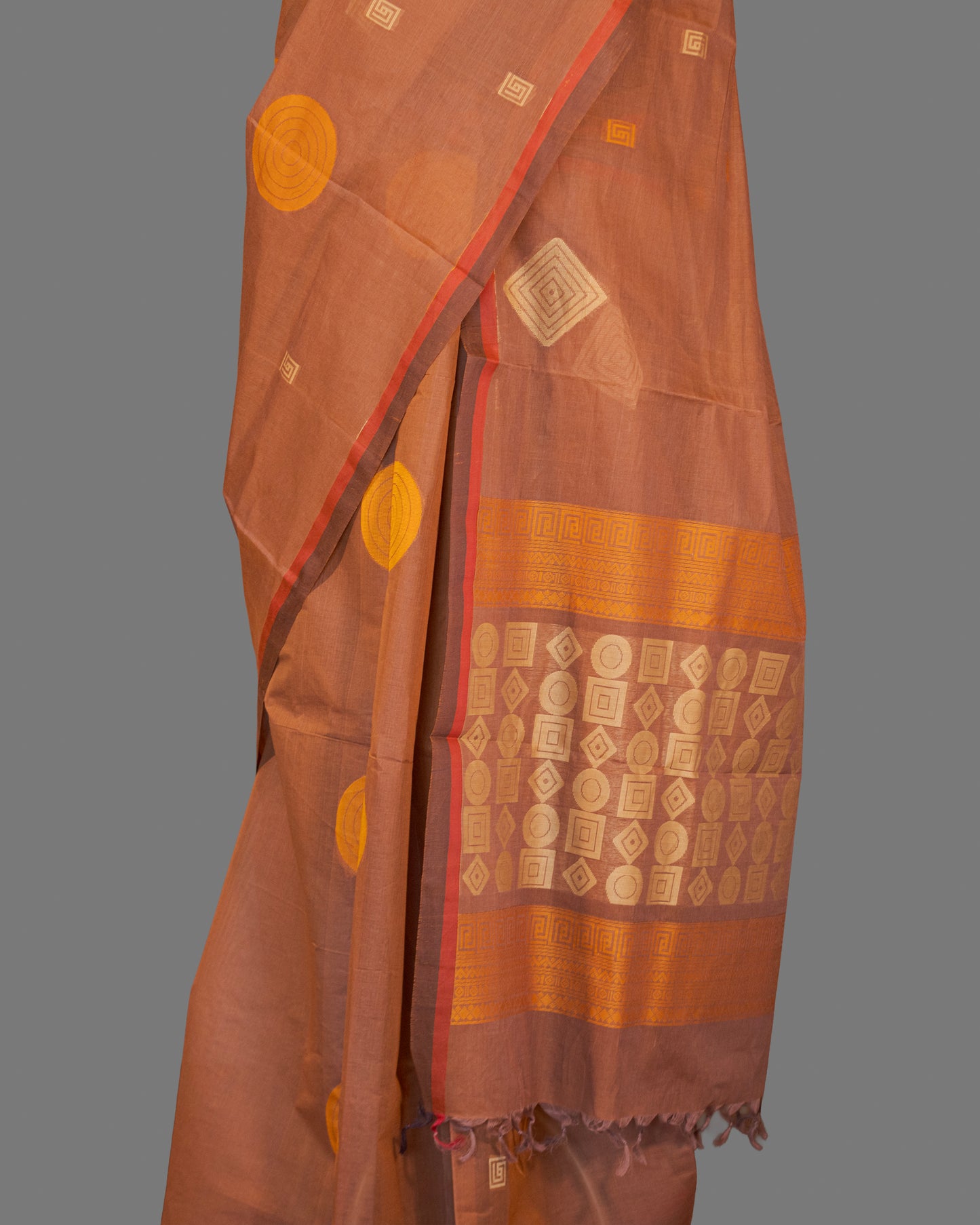 Fine Cotton Handloom Saree-Bronze Brown - Geometrical Booties