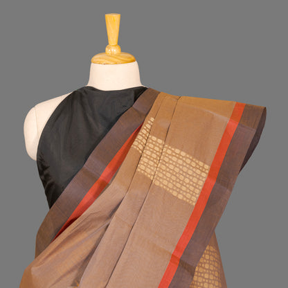 Fine Cotton Handloom Saree-Khaki Brown - Geometrical Booties