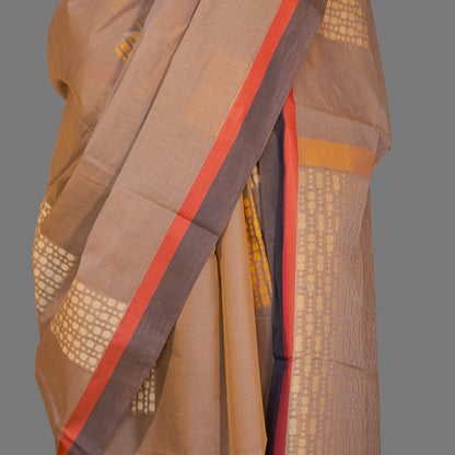 Fine Cotton Handloom Saree-Khaki Brown - Geometrical Booties