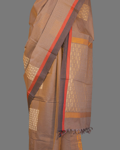 Fine Cotton Handloom Saree-Khaki Brown - Geometrical Booties