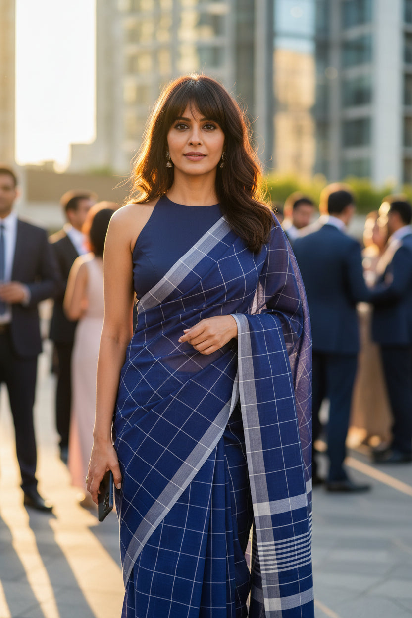 Fine Cotton Handloom Saree-Navy Blue -Checkered