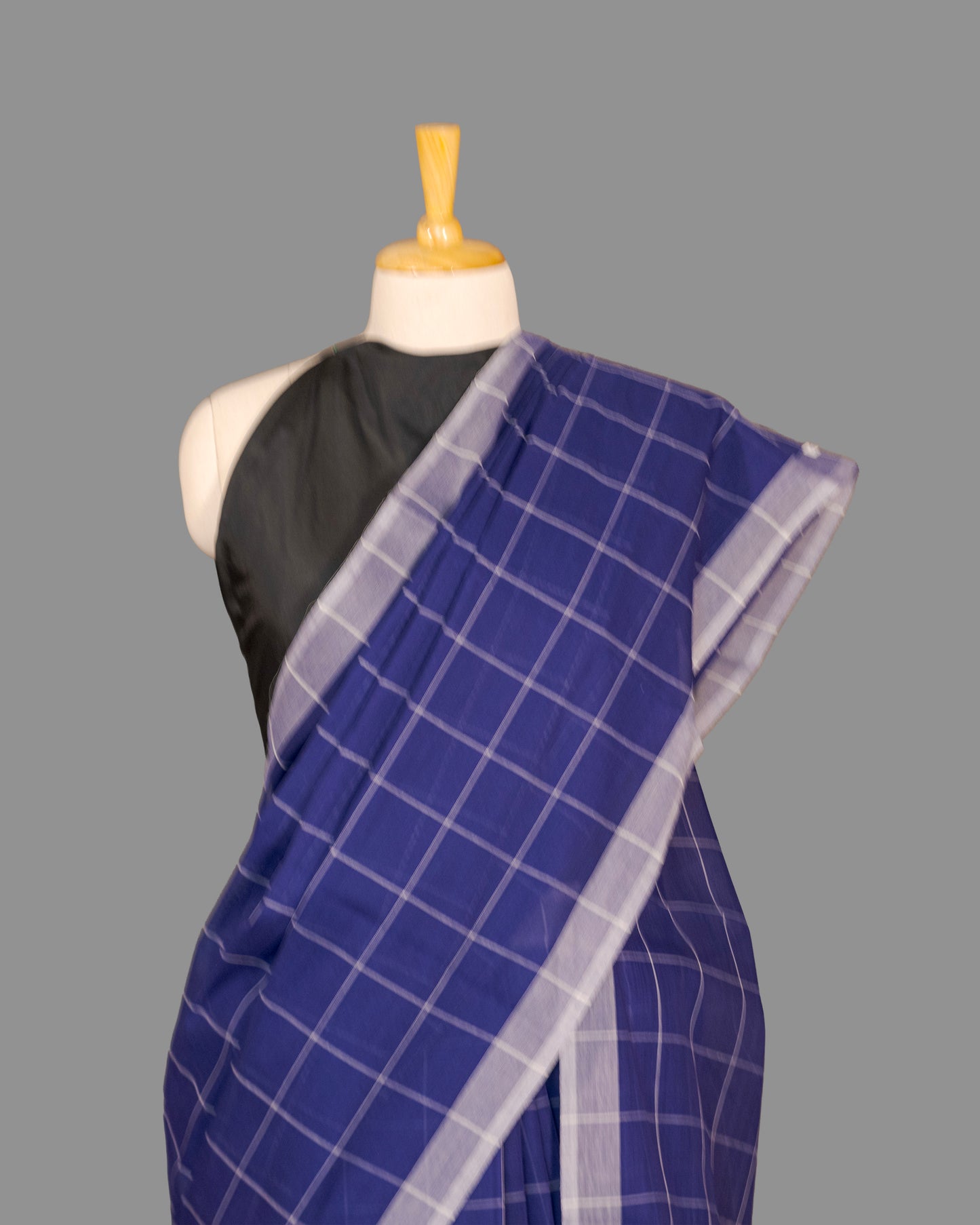 Fine Cotton Handloom Saree-Navy Blue -Checkered