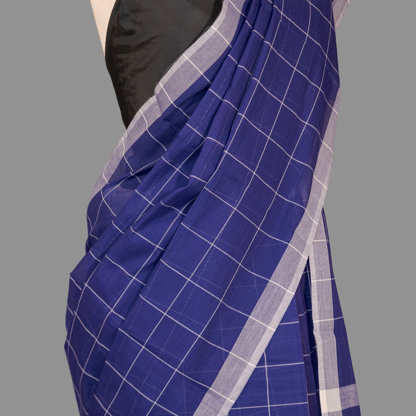 Fine Cotton Handloom Saree-Navy Blue -Checkered