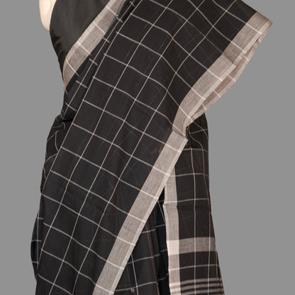 Fine Cotton Handloom Saree-Black & White -Checkered