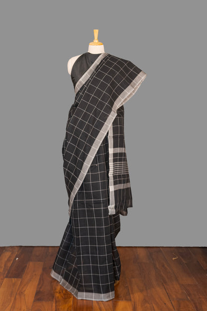 Fine Cotton Handloom Saree-Black & White -Checkered