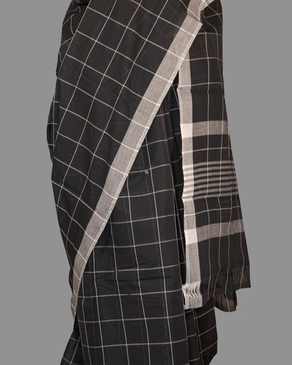 Fine Cotton Handloom Saree-Black & White -Checkered