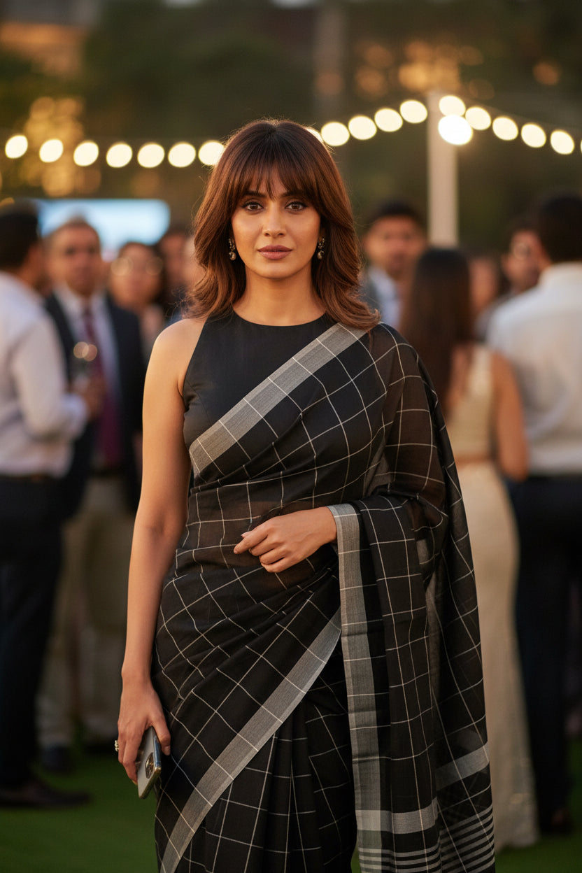 Fine Cotton Handloom Saree-Black & White -Checkered