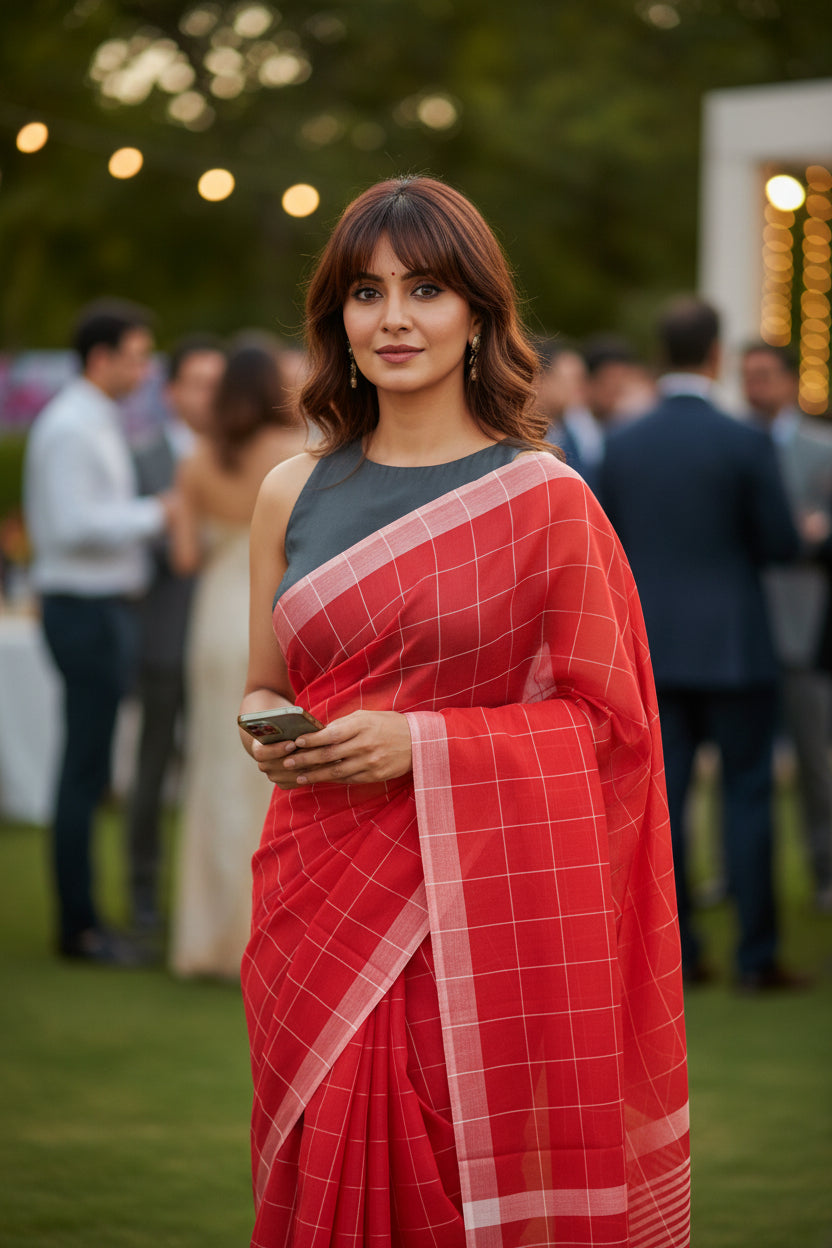 Fine Cotton Handloom Saree-Scarlet Red-Checkered