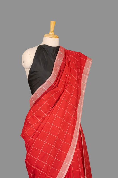 Fine Cotton Handloom Saree-Scarlet Red-Checkered