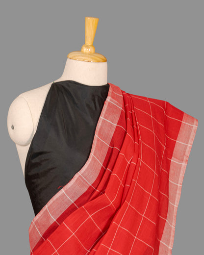 Fine Cotton Handloom Saree-Scarlet Red-Checkered