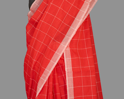 Fine Cotton Handloom Saree-Scarlet Red-Checkered