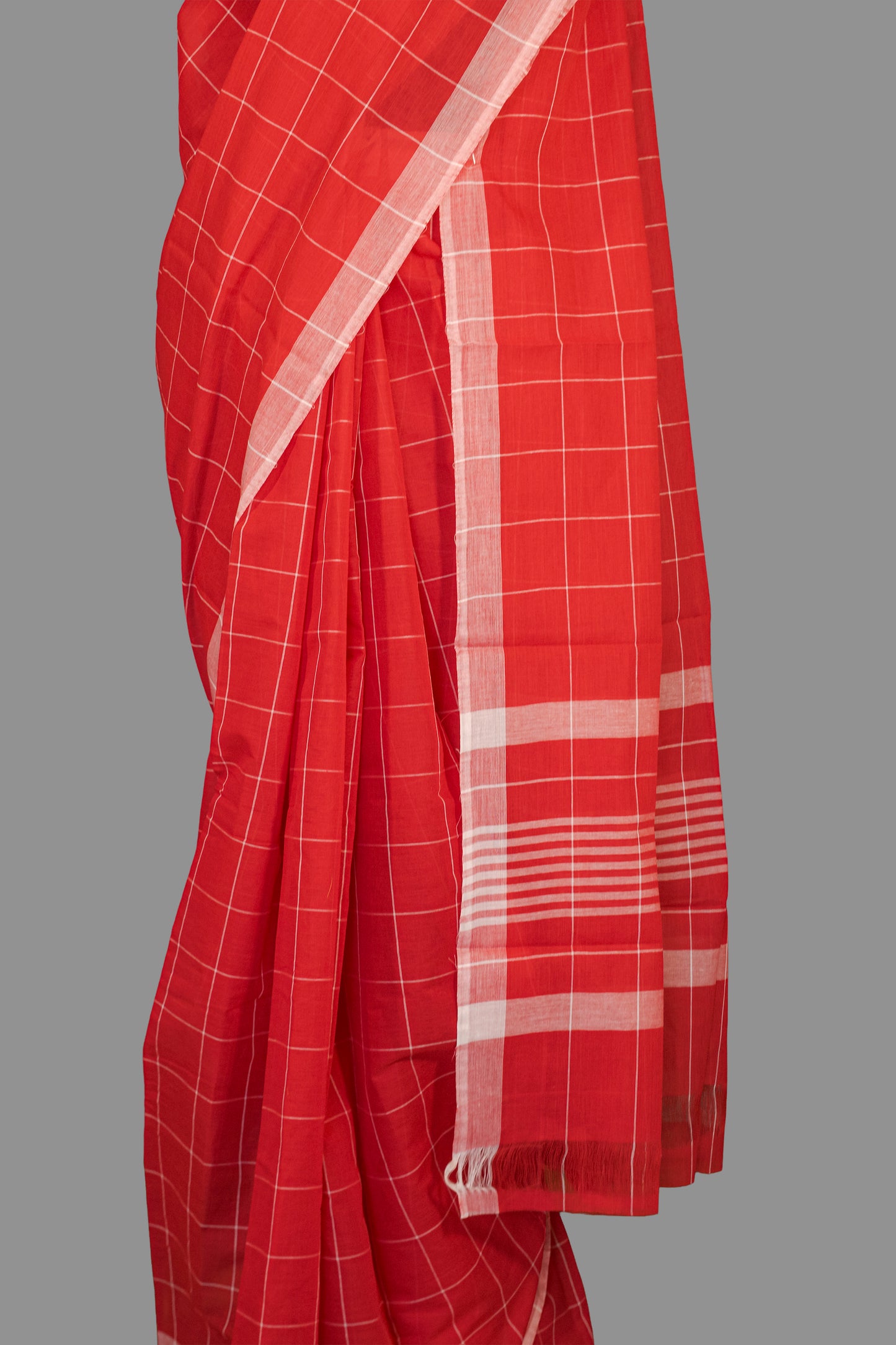 Fine Cotton Handloom Saree-Scarlet Red-Checkered