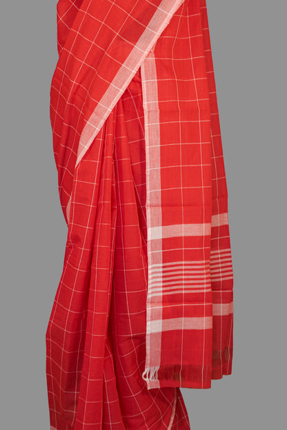 Fine Cotton Handloom Saree-Scarlet Red-Checkered