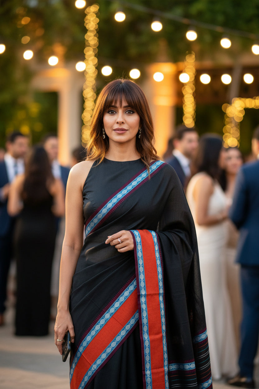 Fine Cotton Handloom Saree- Black-Cherry Red-Woven Border