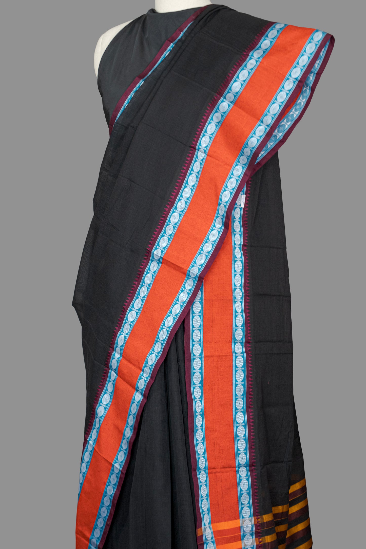 Fine Cotton Handloom Saree- Black-Cherry Red-Woven Border