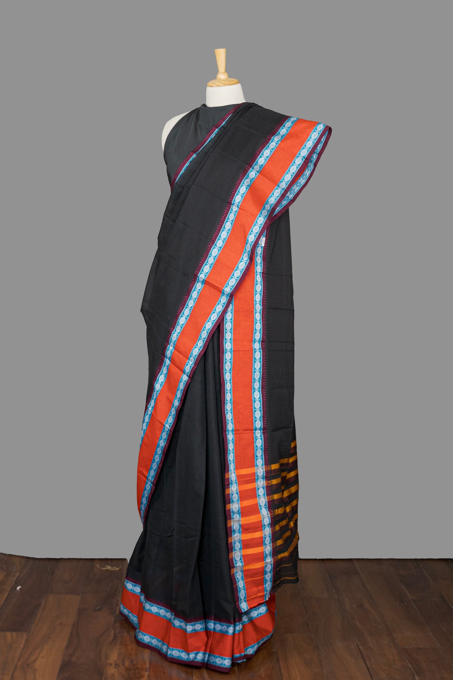 Fine Cotton Handloom Saree- Black-Cherry Red-Woven Border