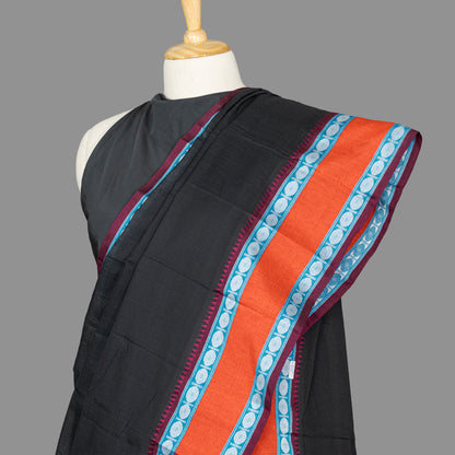 Fine Cotton Handloom Saree- Black-Cherry Red-Woven Border