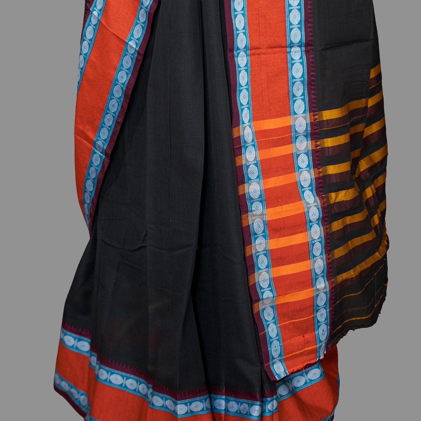 Fine Cotton Handloom Saree- Black-Cherry Red-Woven Border