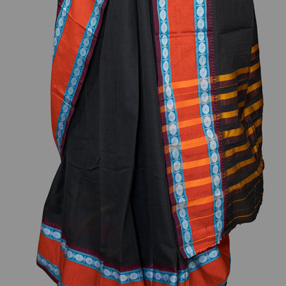 Fine Cotton Handloom Saree- Black-Cherry Red-Woven Border