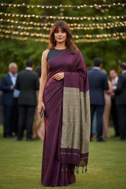 Handloom Cotton Saree-Plum Purple-Plain-Beige Khadi weave  Pallu