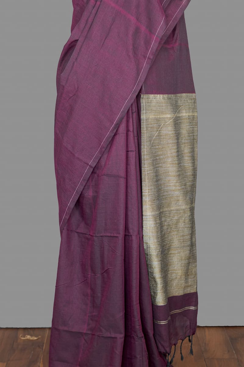 Handloom Cotton Saree-Plum Purple-Plain-Beige Khadi weave  Pallu