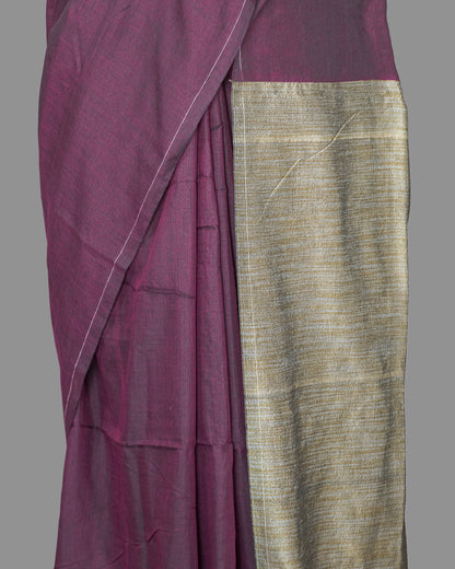 Handloom Cotton Saree-Plum Purple-Plain-Beige Khadi weave  Pallu