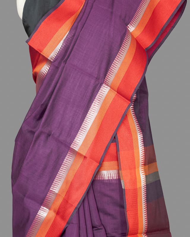 Fine Cotton Maheshwari Saree-Mulberry Purple-Red Woven Border