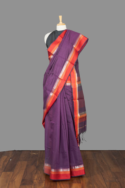 Fine Cotton Maheshwari Saree-Mulberry Purple-Red Woven Border