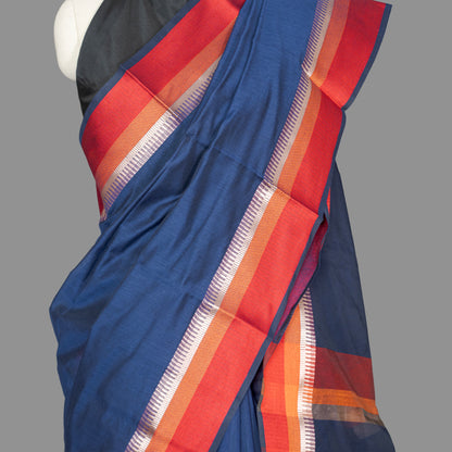 Fine Cotton Maheshwari Saree-Navy Blue-Red Woven Border