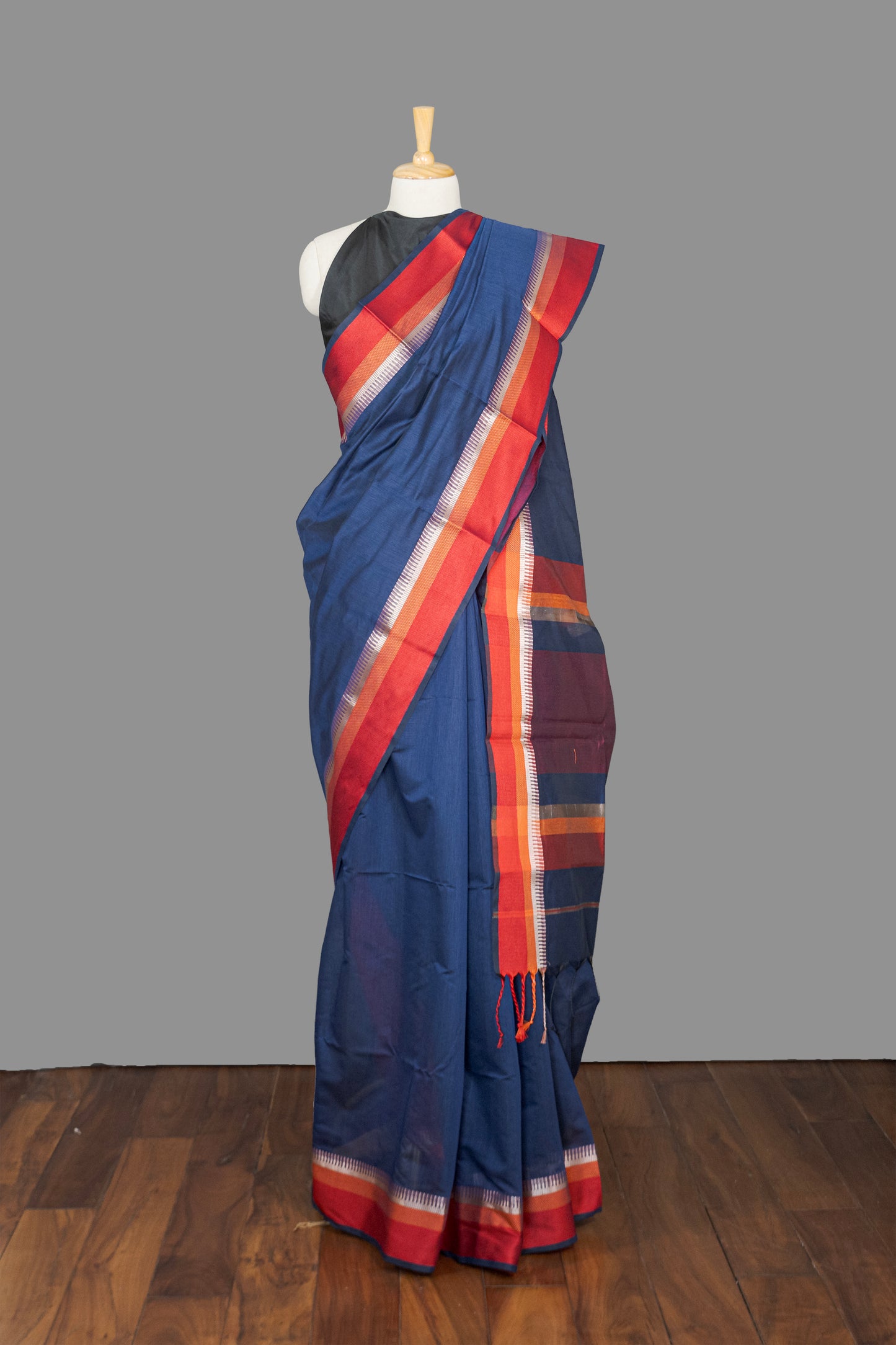 Fine Cotton Maheshwari Saree-Navy Blue-Red Woven Border