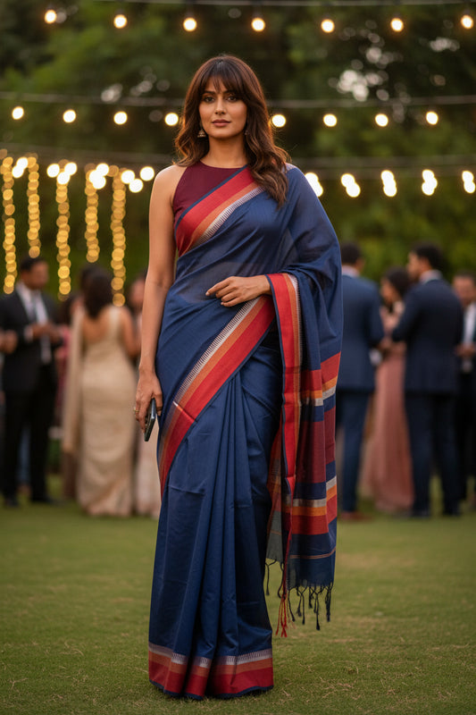 Fine Cotton Maheshwari Saree-Navy Blue-Red Woven Border