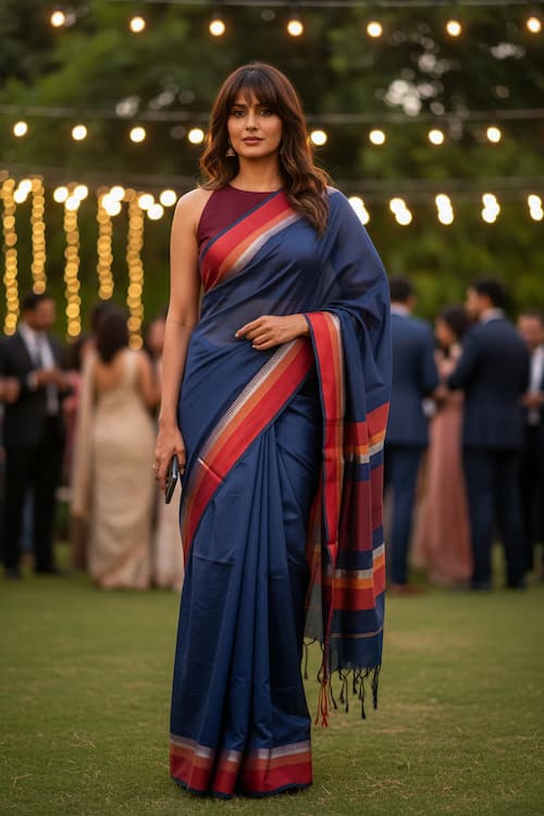 Fine Cotton Maheshwari Saree-Navy Blue-Red Woven Border