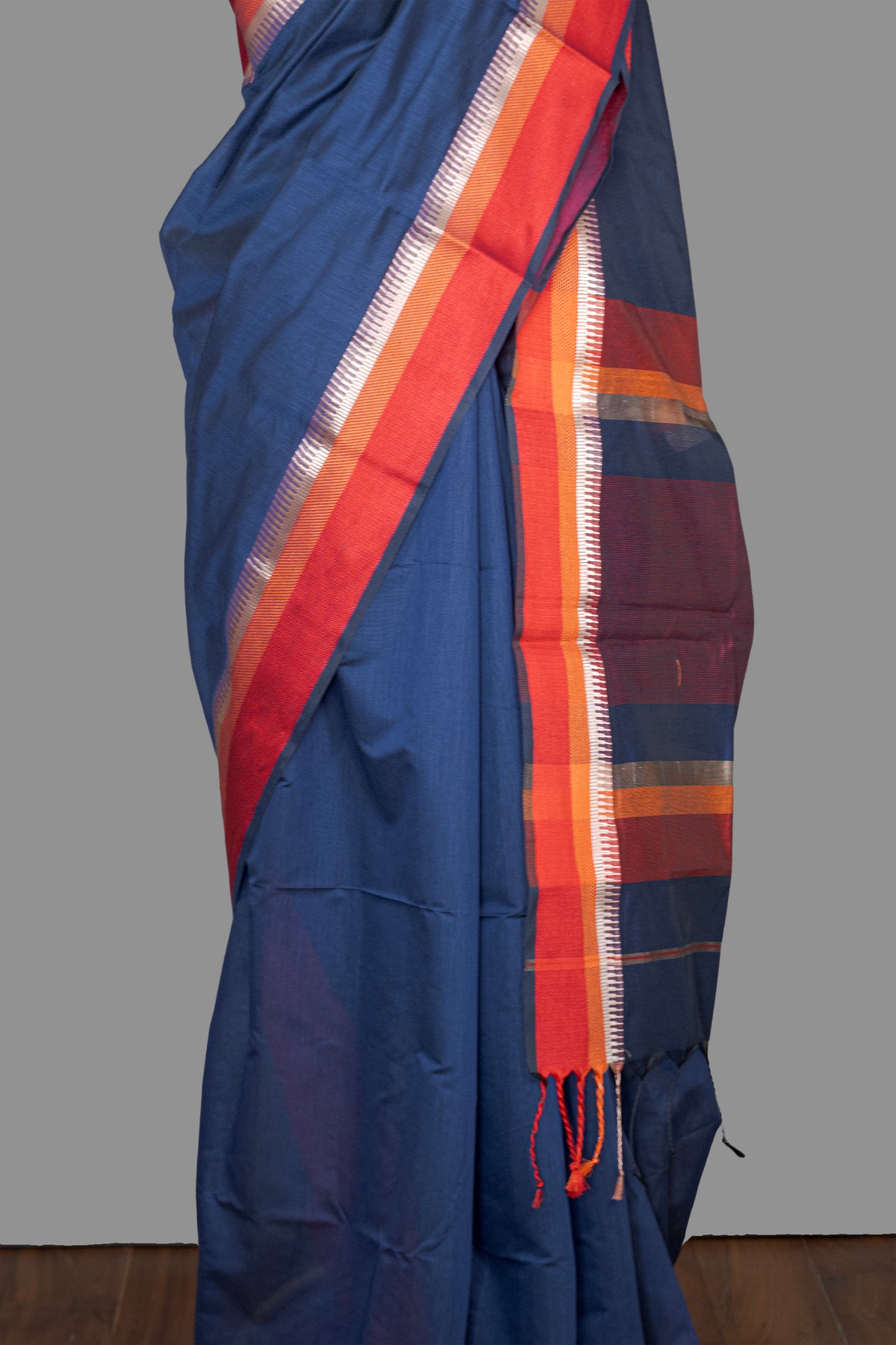 Fine Cotton Maheshwari Saree-Navy Blue-Red Woven Border