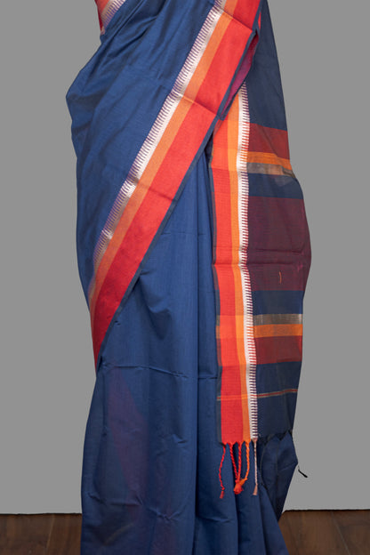 Fine Cotton Maheshwari Saree-Navy Blue-Red Woven Border