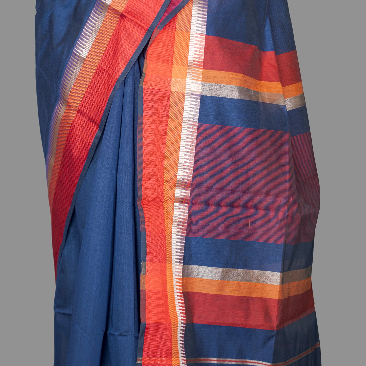 Fine Cotton Maheshwari Saree-Navy Blue-Red Woven Border