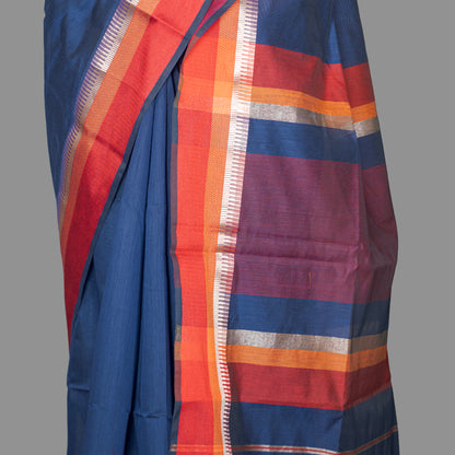 Fine Cotton Maheshwari Saree-Navy Blue-Red Woven Border