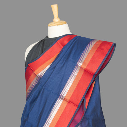Fine Cotton Maheshwari Saree-Navy Blue-Red Woven Border