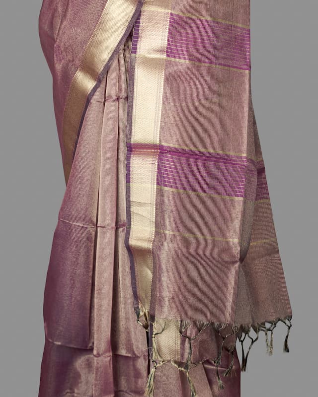 Maheshwari Cotton Tissue Saree-Bronze-Golden Fine Checkered
