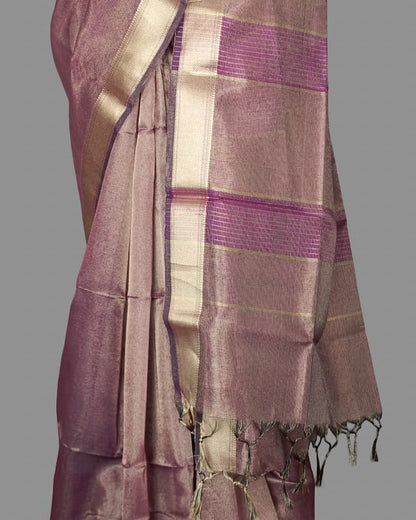 Maheshwari Cotton Tissue Saree-Bronze-Golden Fine Checkered